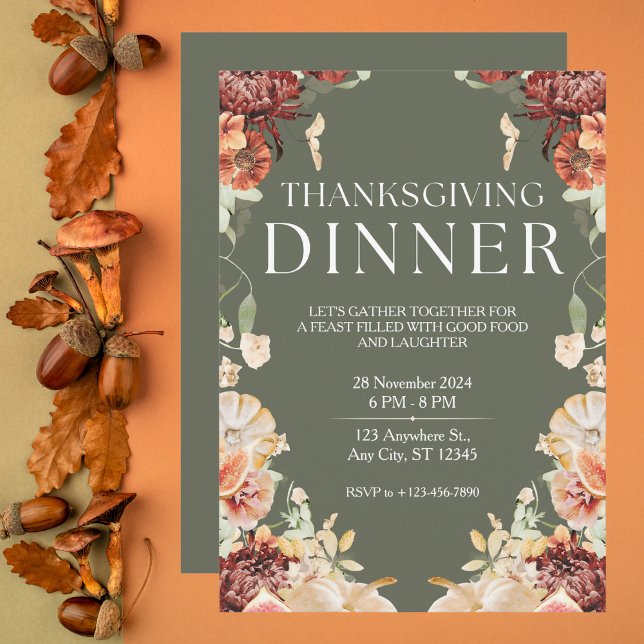 Invitación Elegante cena de Acción de Gracias con Flores Verd (Subido por el creador)