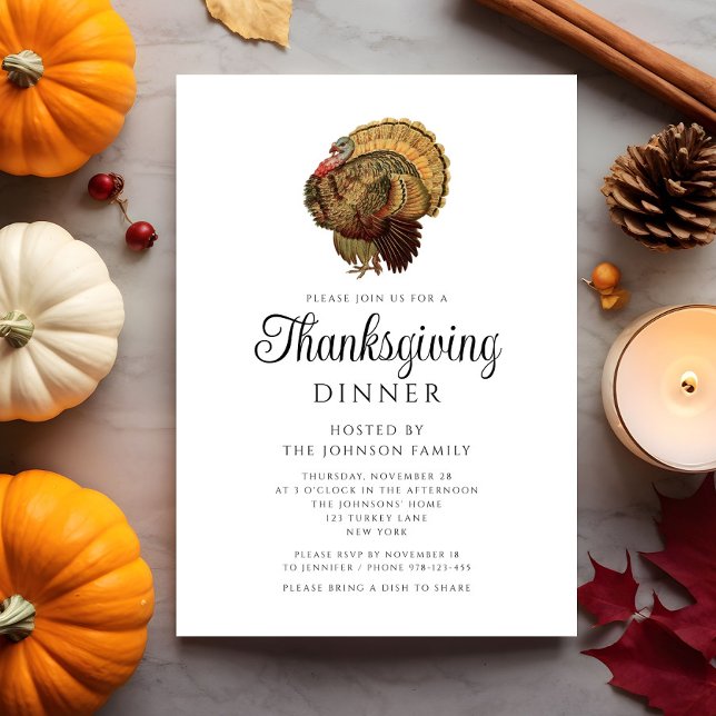 Invitación Elegante cena de Acción de Gracias en Turquía (Elegant Vintage Turkey Thanksgiving Dinner Invitation)