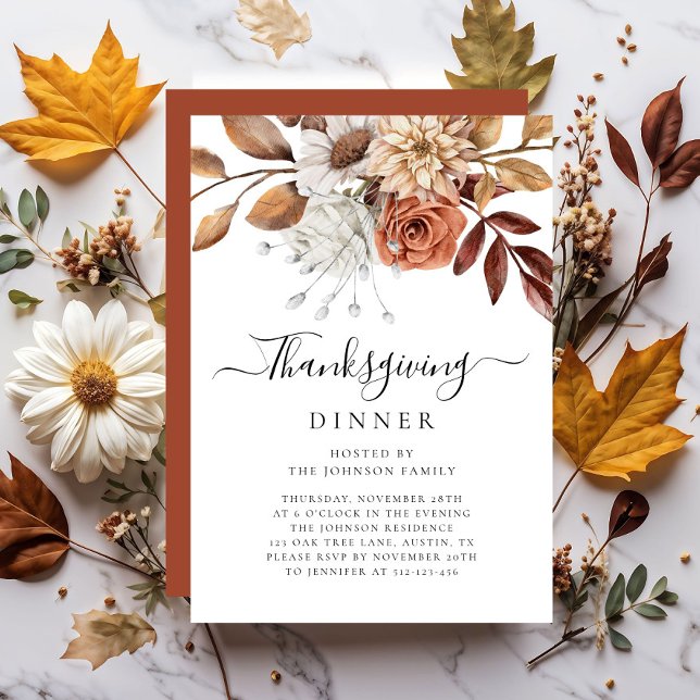 Invitación Elegante cena de Acción de Gracias floral de otoño (Elegant Fall Floral Thanksgiving Dinner Invitation)