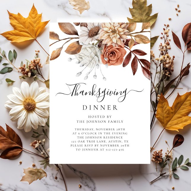 Invitación Elegante cena de Acción de Gracias floral de otoño (Elegant Fall Floral Thanksgiving Dinner Invitation)