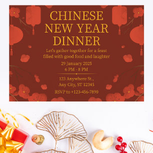 Invitación Elegante cena de Año Nuevo Chino Rojo y Oro