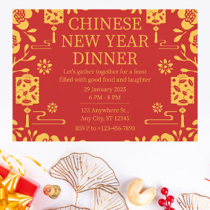 Invitación Elegante cena de Año Nuevo Chino Rojo y Oro