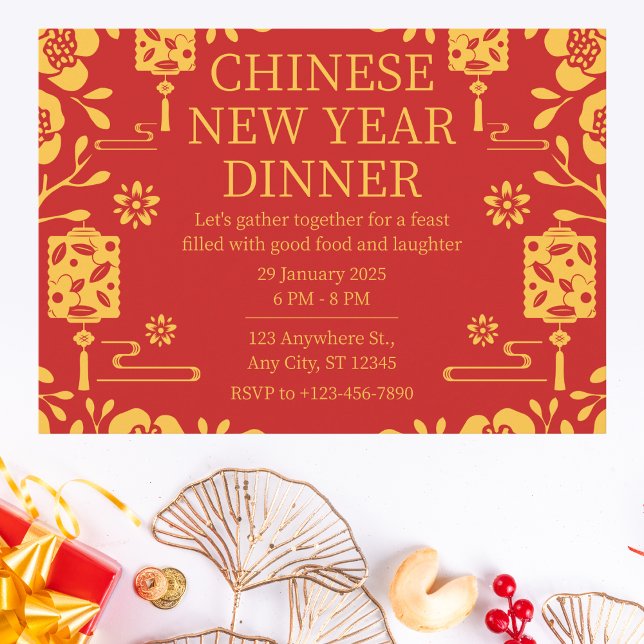 Invitación Elegante cena de Año Nuevo Chino Rojo y Oro (Subido por el creador)