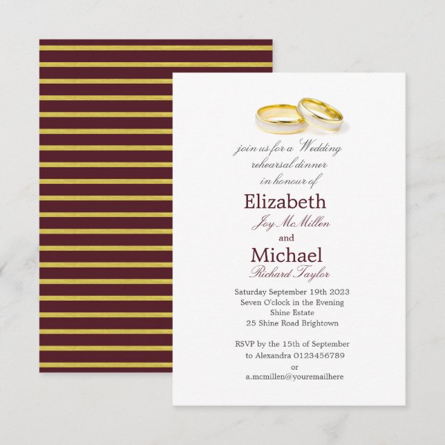 Invitación Elegante cena de Boda de oro de Borgoña (Anverso / Reverso)