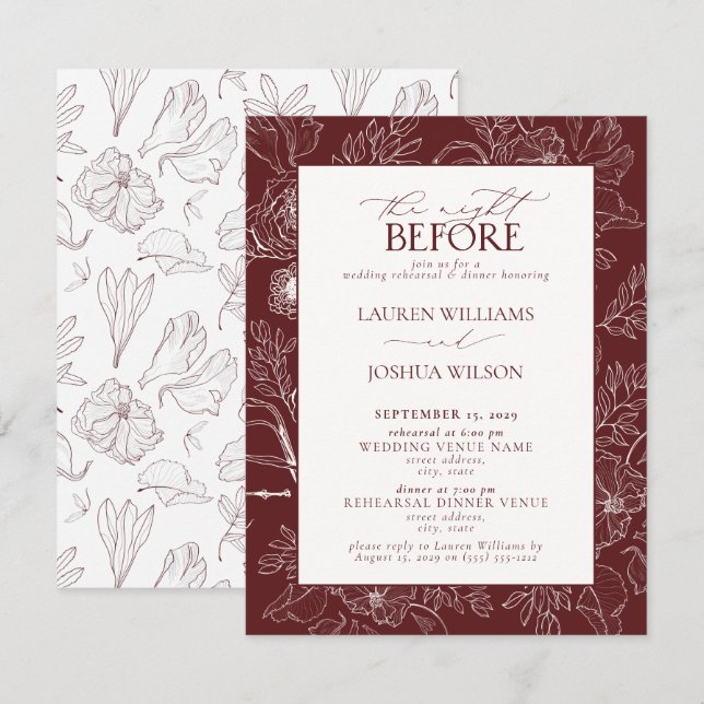 Invitación Elegante cena de Boda floral borgoñona (Anverso / Reverso)