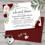 Invitación Elegante cena de Boda floral borgoñona<br><div class="desc">Una bonita invitación a la hora de la cena: decoración acuarela floral con rosas en tonos burdeos, rojos y rosas rubias sobre un fondo blanco clásico. el fondo es de un color burdeos de mármol oscuro. Dispone de información tanto sobre el ensayo boda como sobre la cena de celebración que...</div>