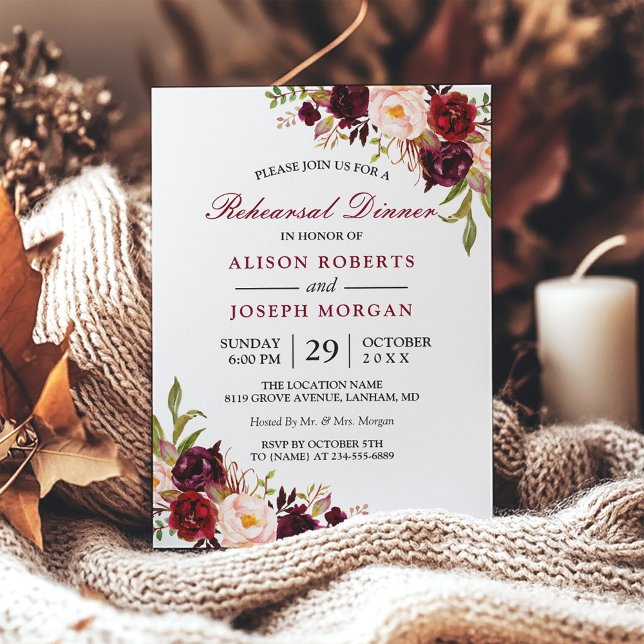 Invitación Elegante cena de Boda floral borgoñona (Subido por el creador)