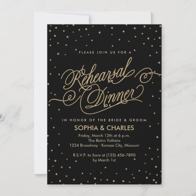 Invitación Elegante cena de Boda negro y oro (Anverso)