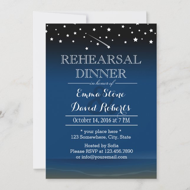 Invitación Elegante cena de Boda nocturno azul estrellado (Anverso)