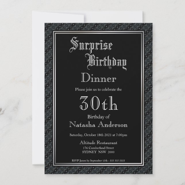 Invitación Elegante cena de cumpleaños 30 Black Surprise (Anverso)