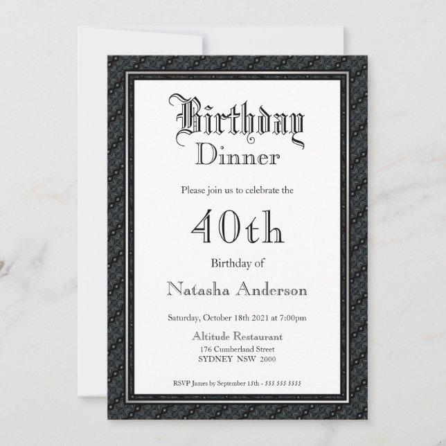 Invitación Elegante cena de cumpleaños 40 en blanco y negro (Anverso)