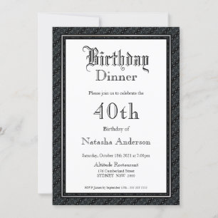 Invitación Elegante cena de cumpleaños 40 en blanco y negro