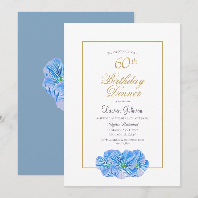 Invitación Elegante cena de cumpleaños con flores azules 60 (Anverso / Reverso)