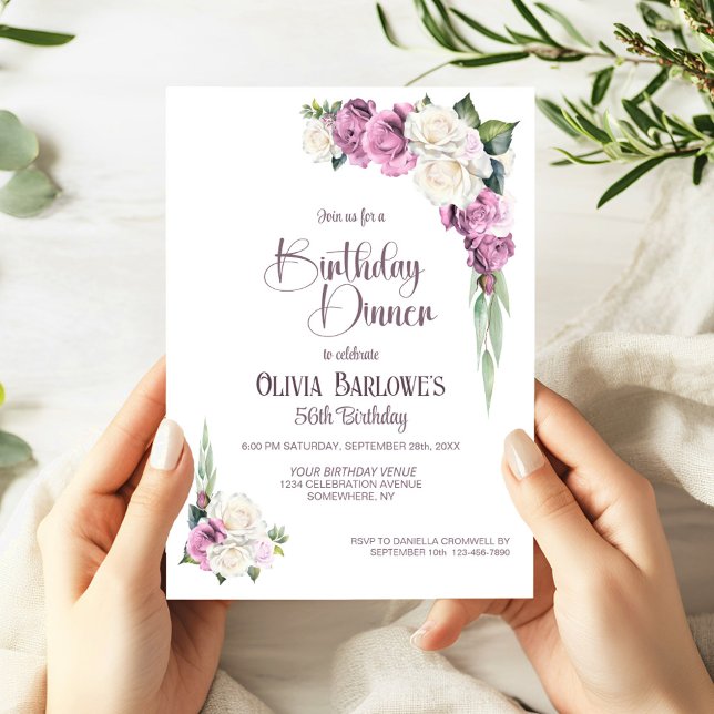 Invitación Elegante cena de cumpleaños con flores de rosa bla (Subido por el creador)
