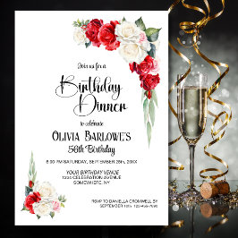 Invitación Elegante cena de cumpleaños con flores de rosa bla