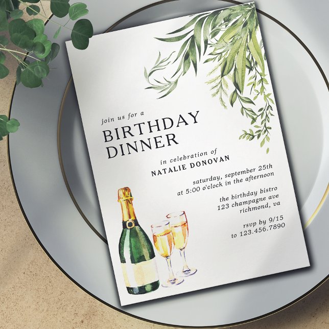 Invitación Elegante cena de cumpleaños para adultos con champ (Subido por el creador)