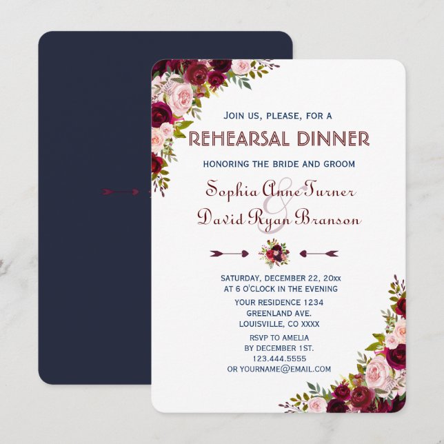 Invitación Elegante cena de ensayo azul de la Marina Floral d (Anverso / Reverso)