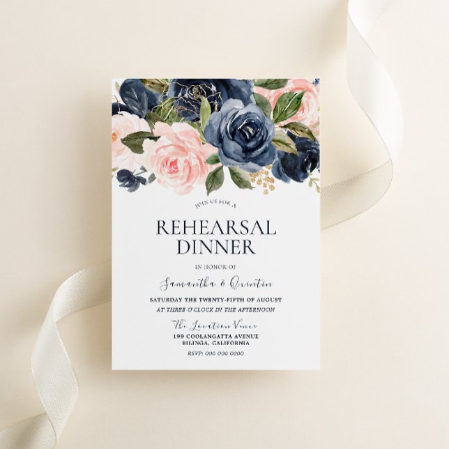 Invitación Elegante cena de ensayo azul de la marina y rosa d (Subido por el creador)