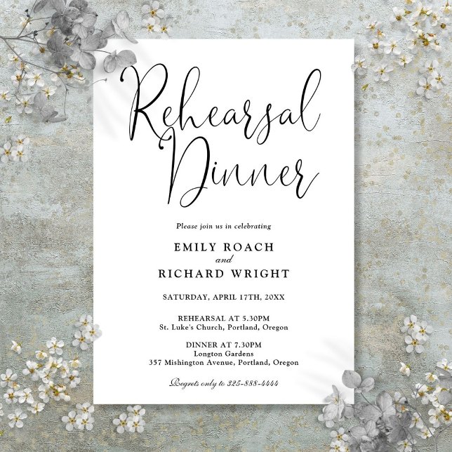 Invitación Elegante cena de ensayo con letra negra y blanca (Elegant Script Black And White Rehearsal Dinner Invitation)