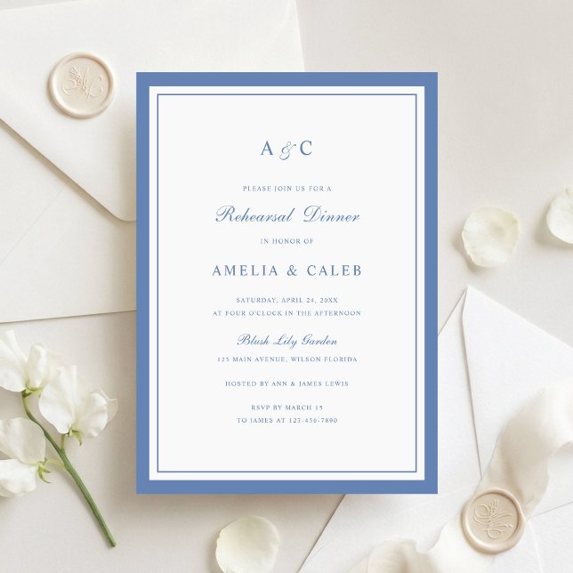 Invitación Elegante Cena de Ensayo de Boda con Marco de Azul  (Subido por el creador)