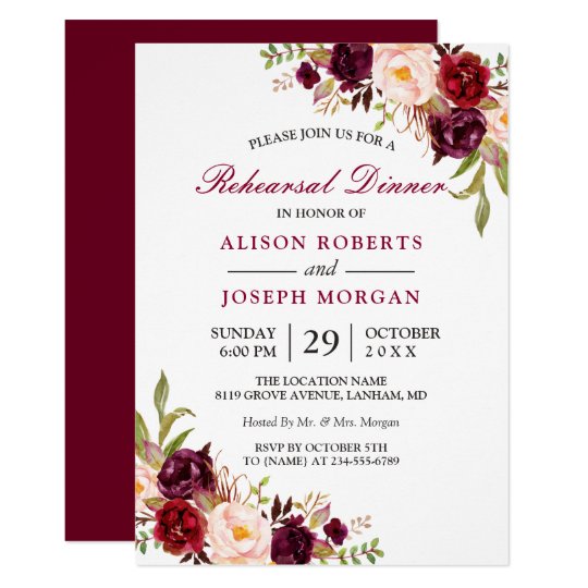 Invitacion Elegante Cena De Ensayo De Boda Floral De Borgona Zazzle Es
