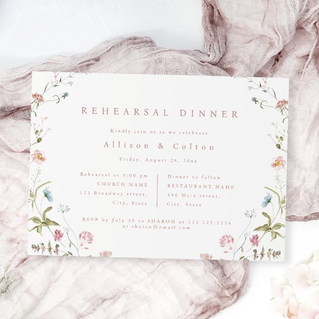 Invitación Elegante cena de ensayo de Boho rústico de flores  (Elegant Wildflower Rustic Boho Rehearsal Dinner Invitation)
