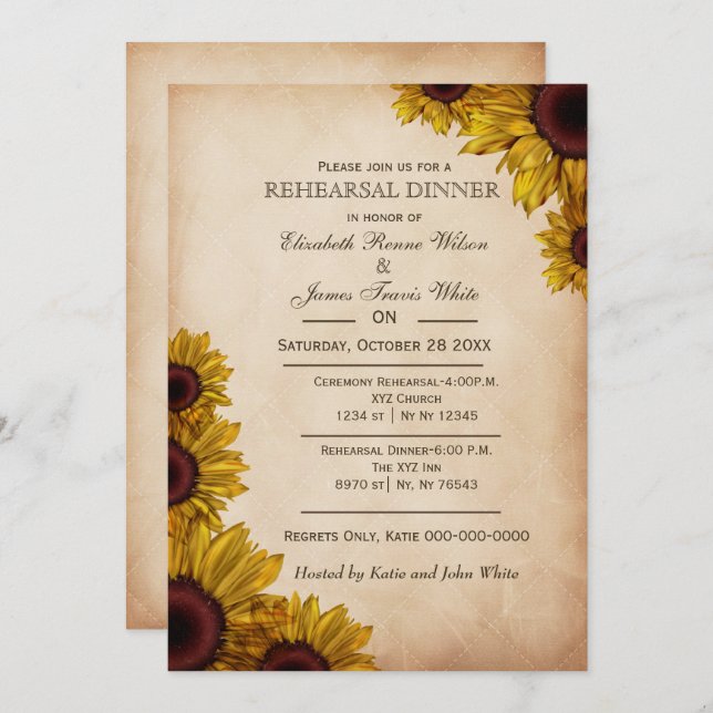 Invitación Elegante cena de ensayo de girasoles rústicos invi (Anverso / Reverso)