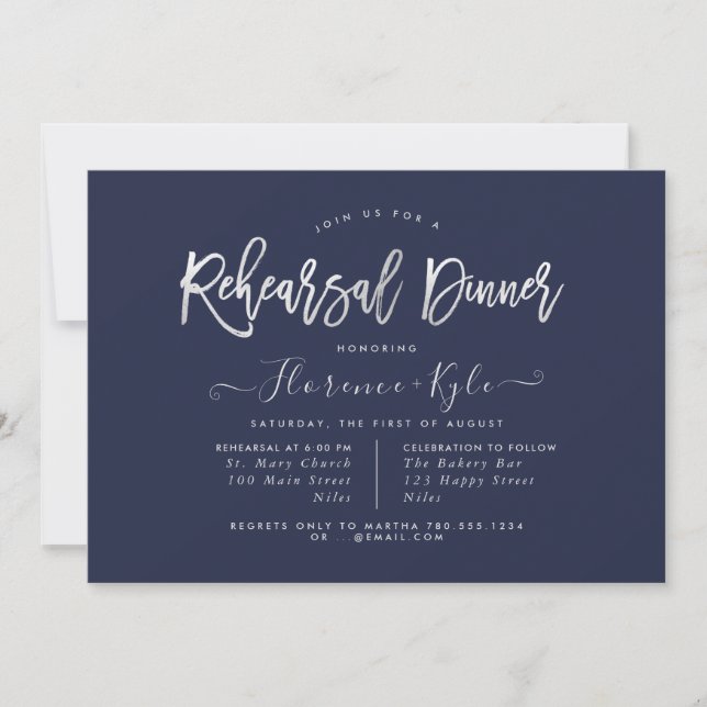 Invitación Elegante cena de ensayo de Navy Blue+Faux Silver (Anverso)