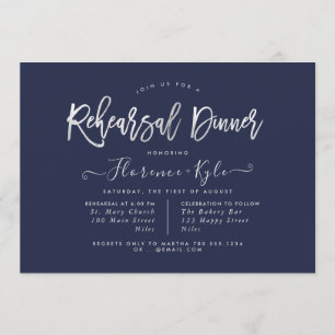 Invitación Elegante cena de ensayo de Navy Blue+Faux Silver