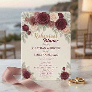 Invitación Elegante Cena de Ensayo de Rosa Borgoña Chic