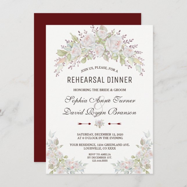 Invitación Elegante cena de ensayo de rosas blancas rosas bor (Anverso / Reverso)