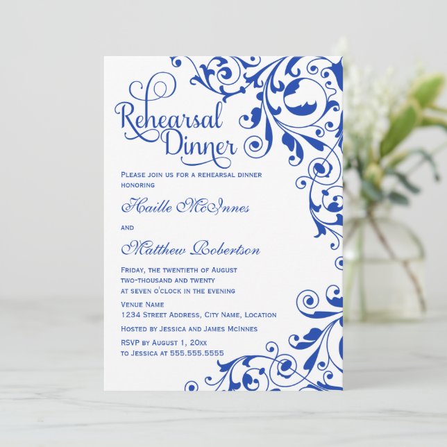 Invitación Elegante cena de ensayo de Royal Blue Swirls (Anverso de pie)