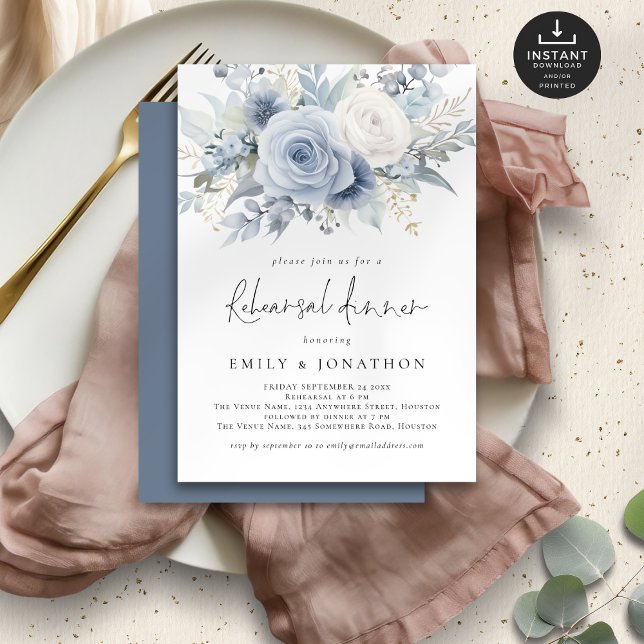 Invitación Elegante cena de ensayo en las flores azules y tur (Subido por el creador)