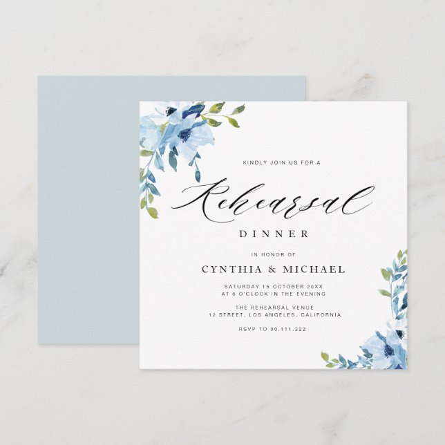 Invitación elegante cena de ensayo floral azul y blanco  (Anverso / Reverso)