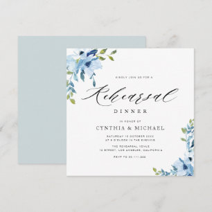 Invitación elegante cena de ensayo floral azul y blanco 