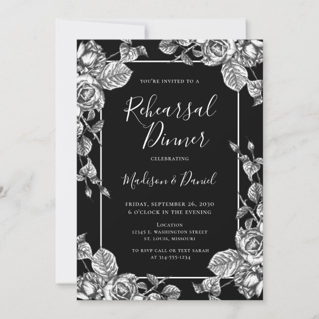 Invitación Elegante cena de ensayo floral blanco negro (Anverso)