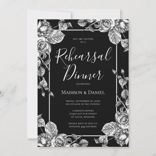 Invitación Elegante cena de ensayo floral blanco negro (Anverso)
