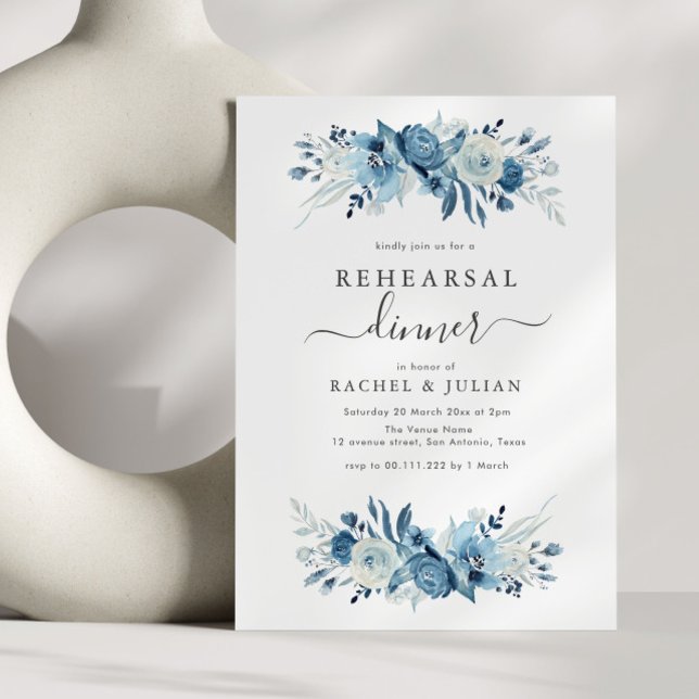 Invitación Elegante cena de ensayo floral con acuarela azul (Subido por el creador)