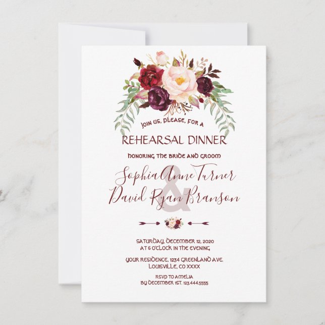 Invitación Elegante cena de ensayo floral de Borgoña Marsala (Anverso)