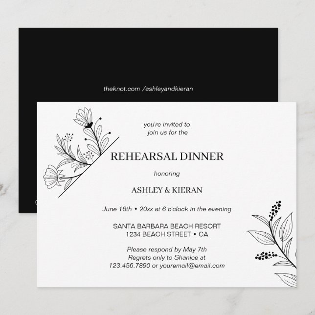Invitación Elegante cena de ensayo floral en blanco y negro (Anverso / Reverso)