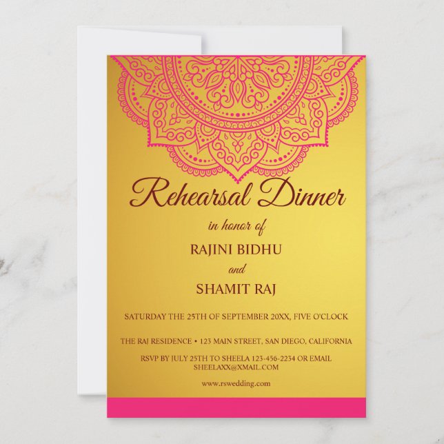 Invitación Elegante cena de ensayo indio rosado Paisley dorad (Anverso)