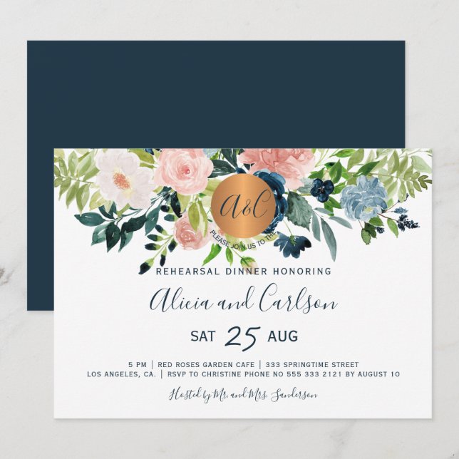 Invitación Elegante cena de ensayo monoval floral de la marin (Anverso / Reverso)