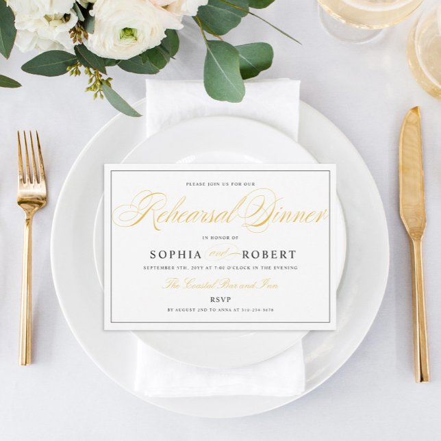 Invitación Elegante cena de ensayo negro y oro en blanco (Subido por el creador)