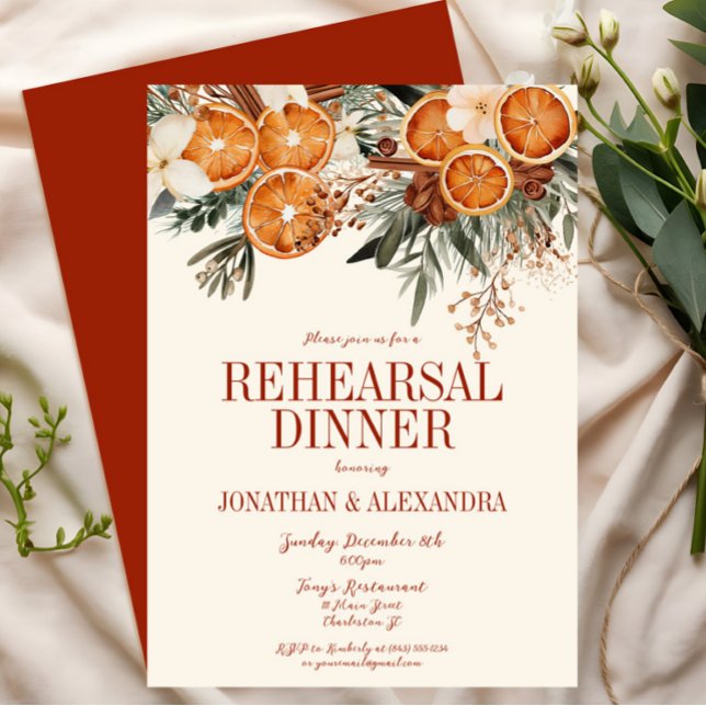 Invitación Elegante Cena de Ensayos Florales de Citrus de Mar (Burnt Orange Citrus Floral Rehearsal Dinner Invitation, Boho Bohemian Rustic Wedding, Fall Winter)