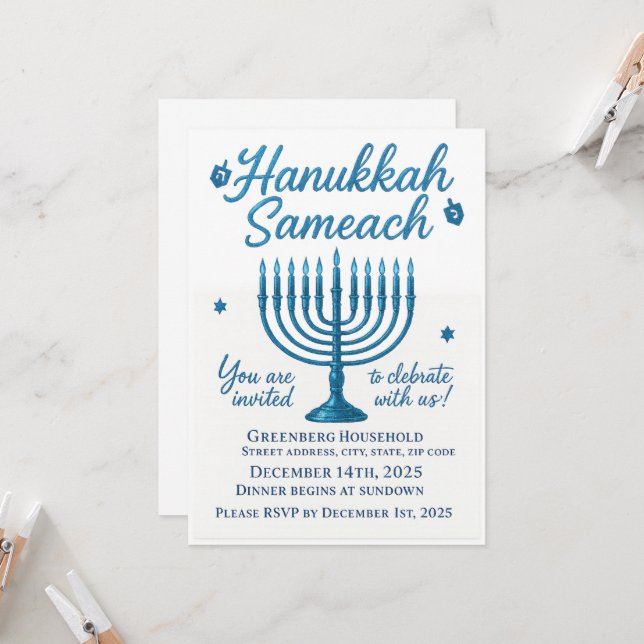 Invitación Elegante cena de Hanukkah Sameach (Anverso/Reverso In Situ)