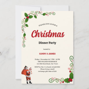 Invitación Elegante cena de Navidad con acebo y bayas