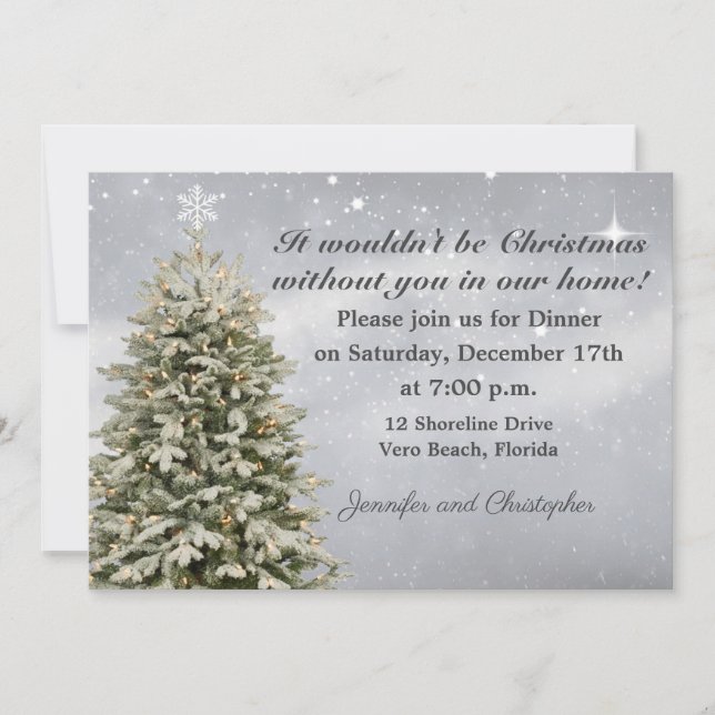 Invitación Elegante cena de Navidades de nieve en caída (Anverso)