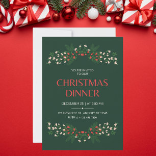 Invitación Elegante cena de Navidades florales verdes y rojos