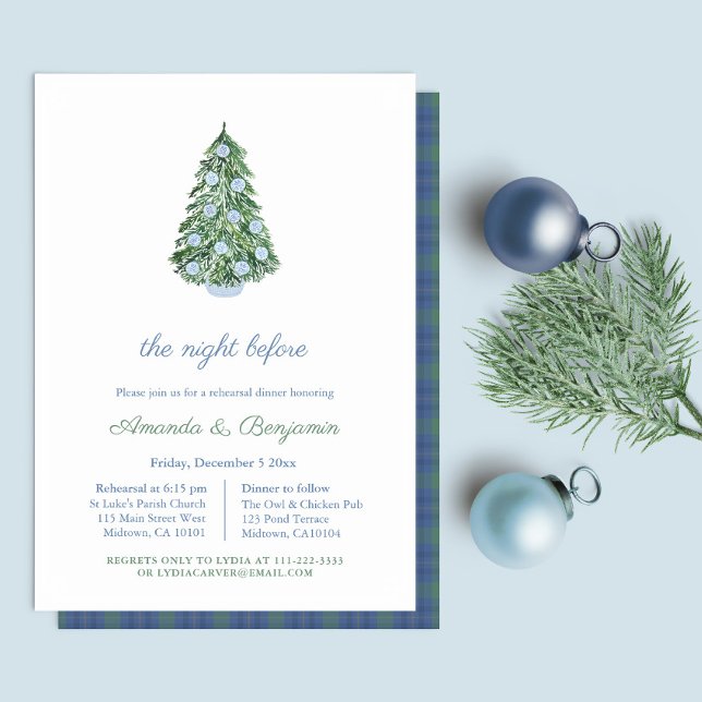 Invitación Elegante cena de Navidades verdes azules (Blue And White Chinoiserie With Plaid Backer Christmas Wedding Rehearsal Dinner Invitation)
