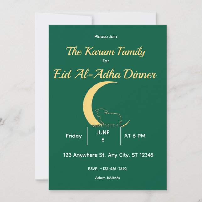 Invitación Elegante cena de oro verde de Eid al-adha (Anverso)